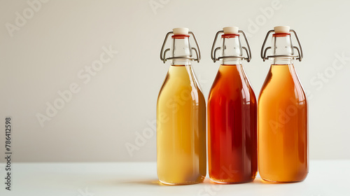 Bottled kombucha tea. Set of glass bottles with filtered kombucha drinks made of yeast, sugar and tea with addition of fruits and berries for different tastes. Fermented tea or tea kvass banner photo