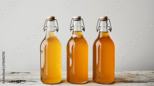 Bottled kombucha tea. Set of glass bottles with filtered kombucha drinks made of yeast, sugar and tea with addition of fruits and berries for different tastes. Fermented tea or tea kvass banner