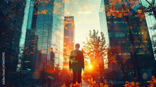 Man walking on green city street wearing suit at sunset with forest nature overlay on skyscrapers