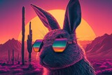 Art of Rabbit Wearing Sunglasses Against Vaporwave Sunset - Cyberpunk