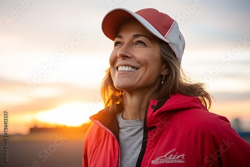Portrait of a grinning woman in her 40s sporting a stylish varsity jacket in vibrant sunset horizon photo