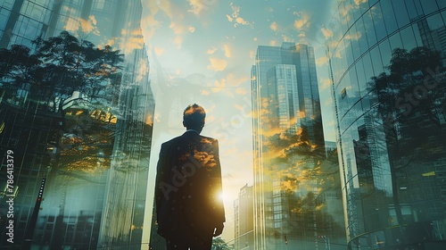 Man walking on green city street wearing suit at sunset with forest nature overlay on skyscrapers