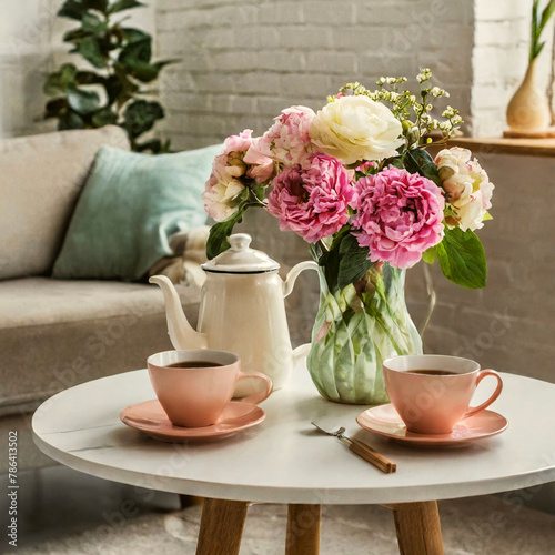거실 탁자에 예쁜 커피잔과 주전자와 꽃병