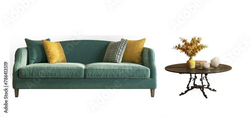 Blue velvet sofa with table and plant pot isolated PNG
