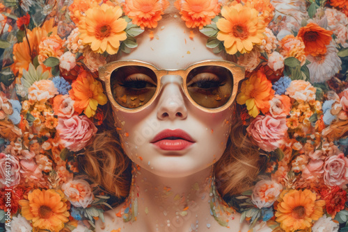 Portrait of a beautiful young woman in sunglasses with flowers in the background