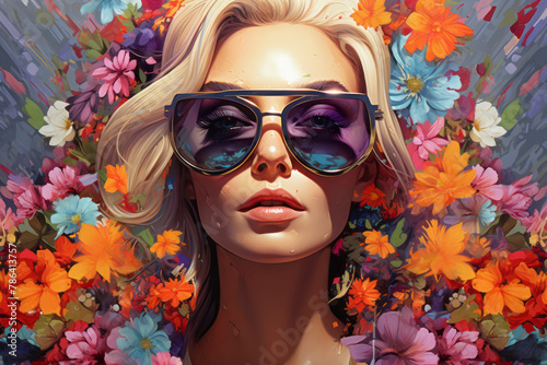 Portrait of a beautiful woman in sunglasses with flowers in the background