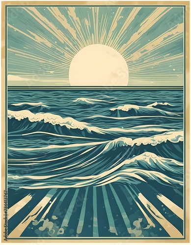 vintage ocean poster illustration on worn paper, backdrop
