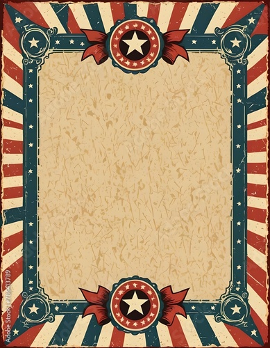 red, white, and blue stars and stripes Americana border, frame on weathered paper