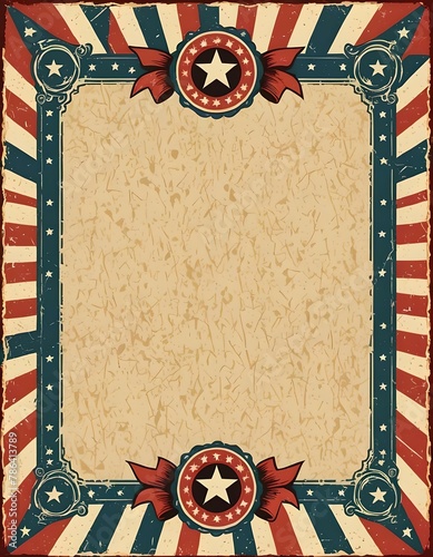 red, white, and blue stars and stripes Americana border, frame on weathered paper