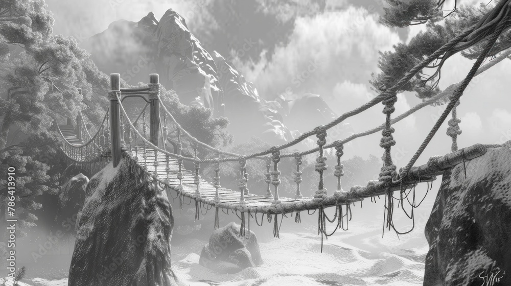 Stylized rope bridge scene in a grayscale art style inspired by ...