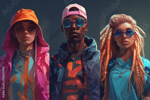 Three stylish young people in bright sport clothes and sunglasses.