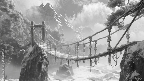 Stylized rope bridge scene in a grayscale art style inspired by traditional Japanese or Chinese graphics photo