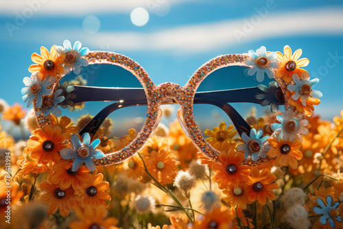 Creative design sunglasses amid flowers.