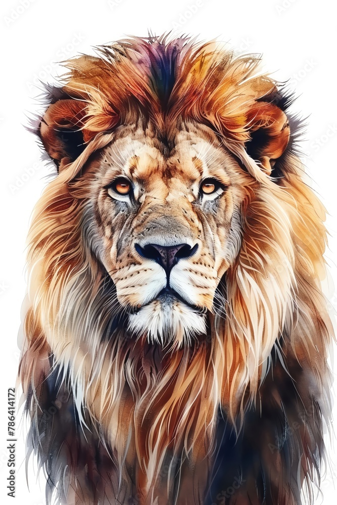 A majestic lion with a mane of shimmering gold against a stark white backdrop