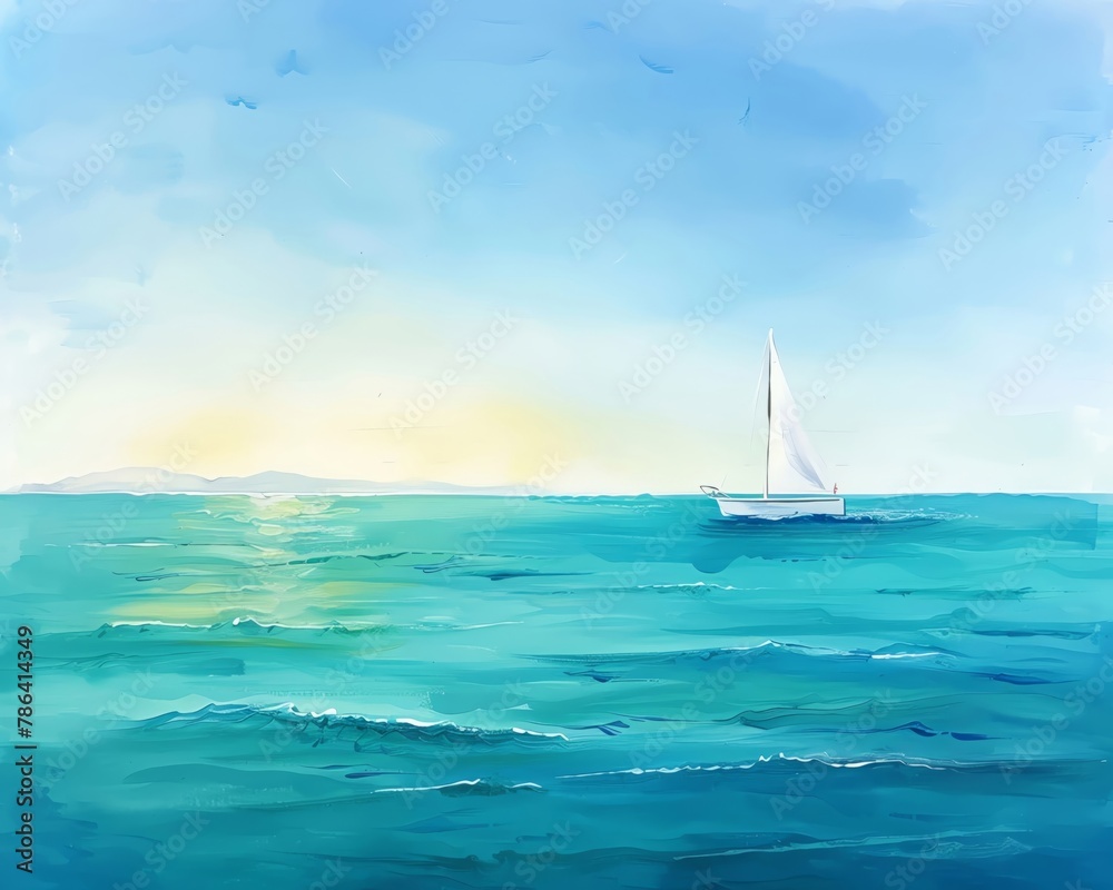 Obraz premium A serene turquoise ocean with a lone sailboat in the distance
