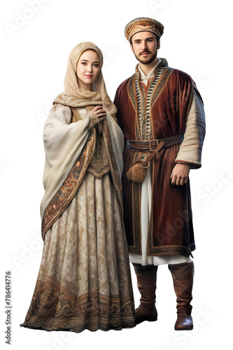 Hyper realistic Couple standing in TURKEY culture clothes Isolated on transparent background.