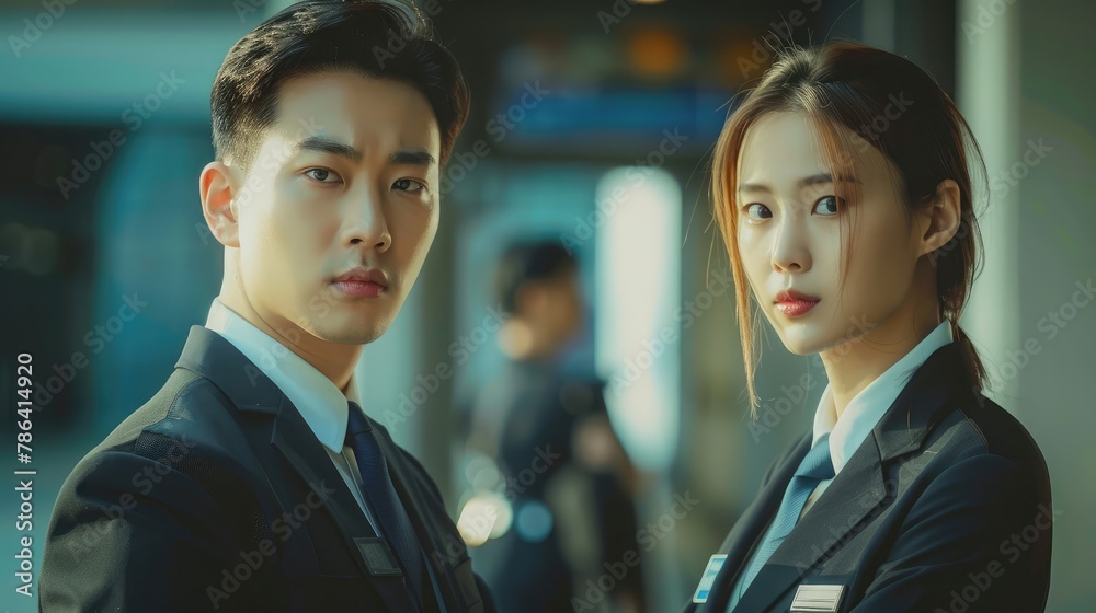 Concept of Asian man and woman working as security guards. Concept of Asian man and woman working as security guards.