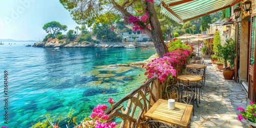 Authentic atmospheric cafe on the shore of the French Riviera under green trees overlooking clear blue water, colorful flowers in the background