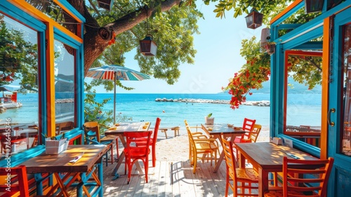 Cozy cafe on the beach with colored wooden window frames, tables and chairs under green trees overlooking clear blue water, colorful flowers on the background of the picture