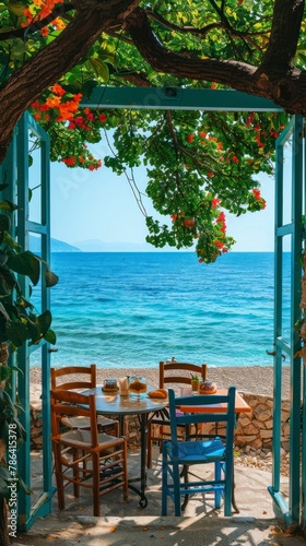 Cozy cafe on the beach with colored wooden window frames  tables and chairs under green trees overlooking clear blue water  colorful flowers on the background of the picture  sunny day