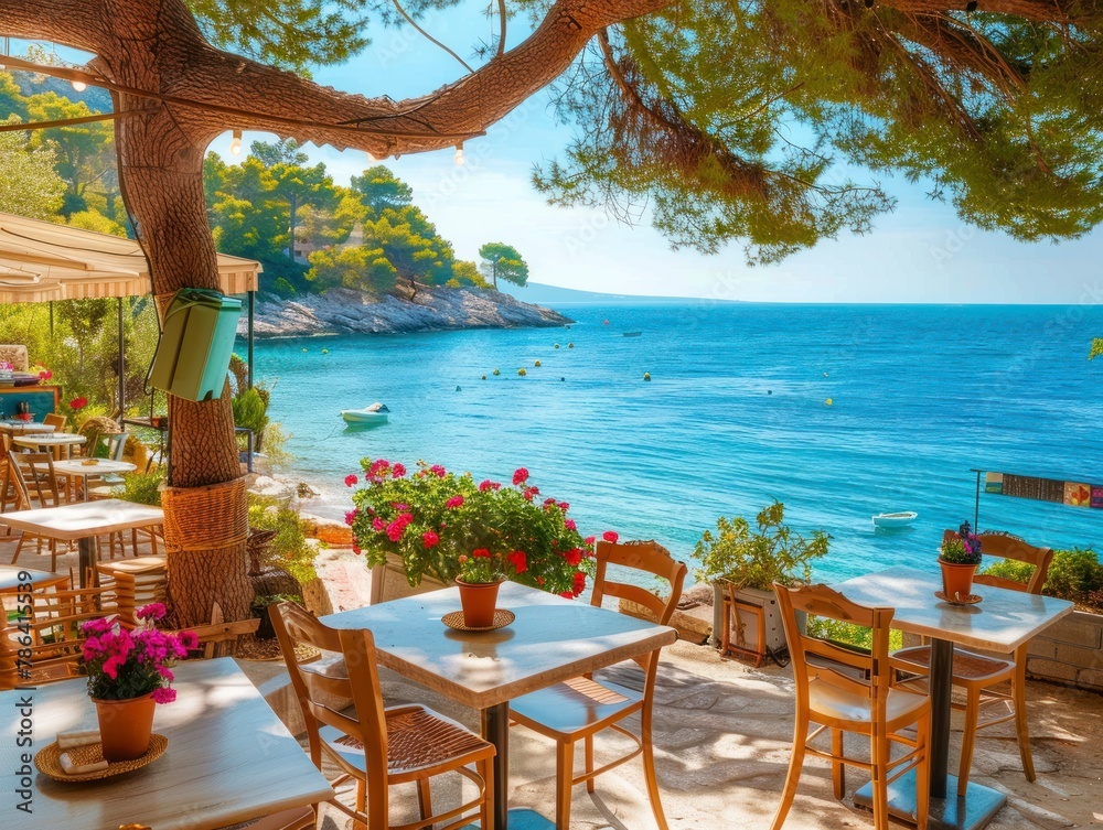 Obraz premium Cozy Mediterranean cafe on the beach under green trees overlooking clear blue water, colorful flowers in the background, sunny day, bright saturated colors