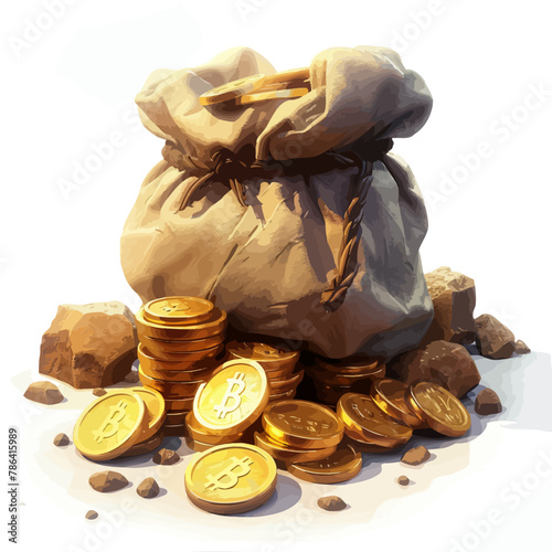 a bag of gold coins sitting on top of a pile of rocks