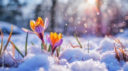 First Spring Saffron Flowers. Winter-Spring Contrast © Postproduction