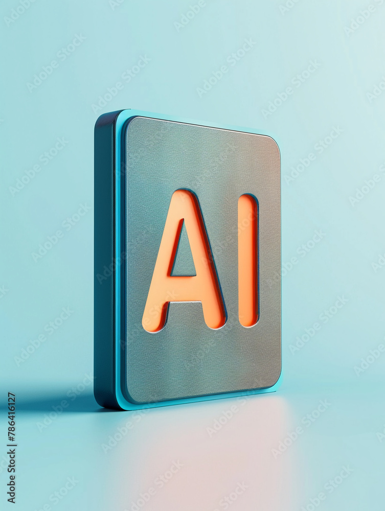 A 3D minimalistic book icon with "AI" in a vibrant turquoise regal blue cover - obrazy, fototapety, plakaty 