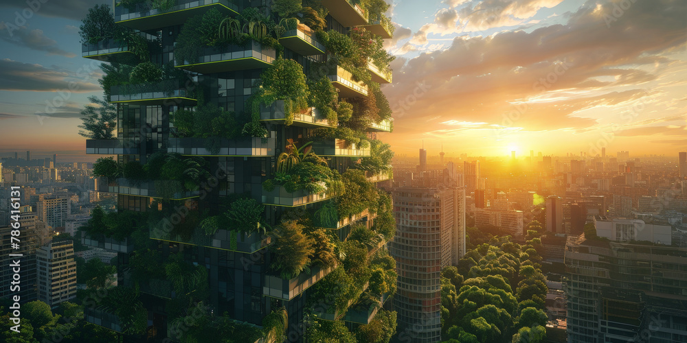 green building with balconies full of greenery overlooking the city at sunset.ecofriendly building design, urban landscape, green environment - obrazy, fototapety, plakaty 