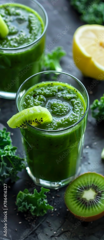 An attractive photo of the kiwi smoothie in glass glasses, next to it is a small jar with more green juice inside
An attractive photo of the kiwi smoothie in glass glasses, next to it is a small jar with more green juice inside
