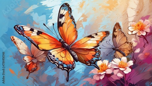 Butterflies on a vibrant background. Impressionism style artwork.