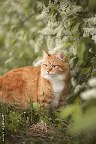 A photo of a red fluffy cat near a flowering tree.