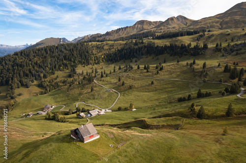 Aerial view of a mountain hut in Swiss Alps. Hiking trails near Stoos village, Switzerland