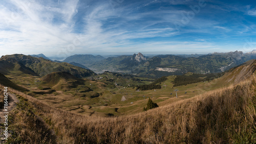 Panoramic view of Swiss Alps from Klingenstock summit, Switzerland. Stoos village and cable car
