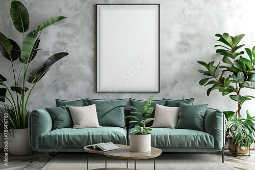 Mockup poster frame above a Convertible Sofa in aliving roomhyperrealistic shot, modern interior scanidavian style
