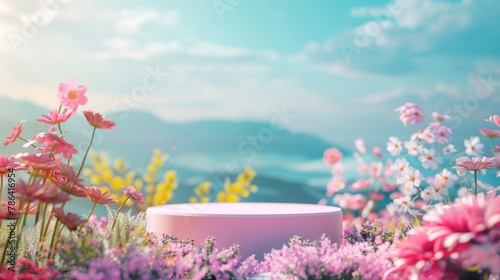 Podium for product demonstration, mesmerizing beautiful summer landscape in the background, saturated colors, bright picture