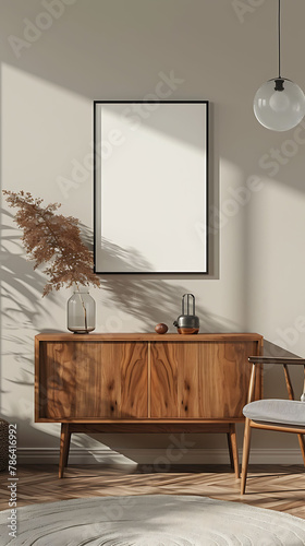 Mockup poster frame above a Credenza Desk in aliving room, modern interior scanidavian style