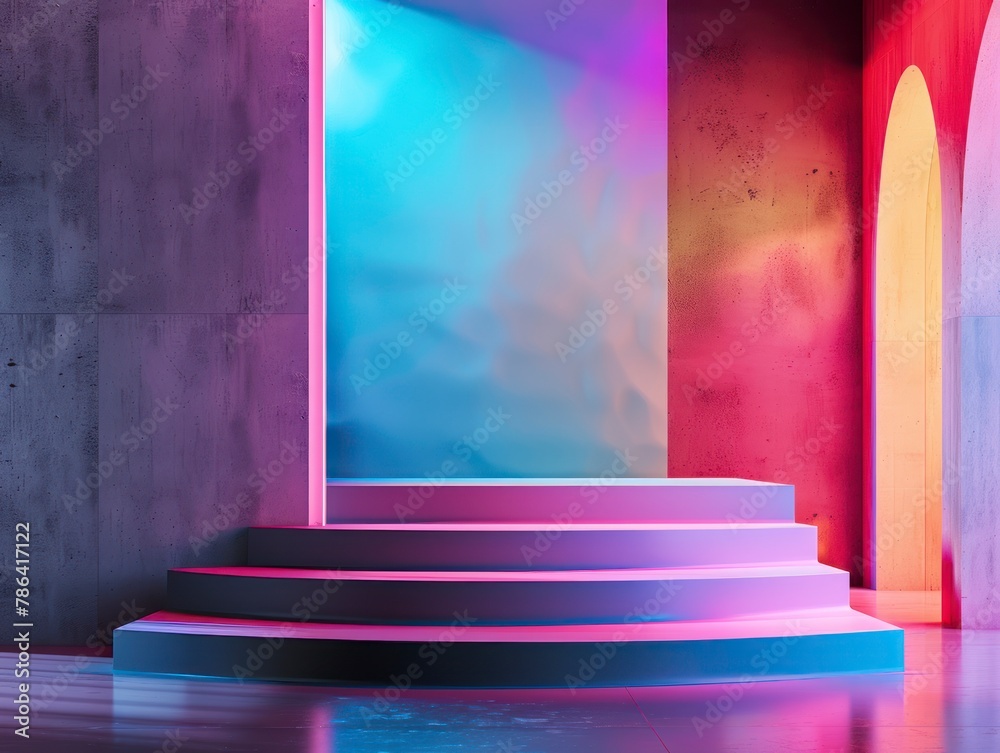 Obraz premium Podium for product demonstration, mesmerizing beautiful modern interior in the background, saturated colors, bright picture
