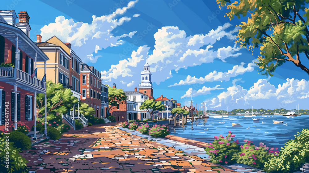 Naklejka premium A charming illustration of the quaint cityscape of Charleston South Carolina