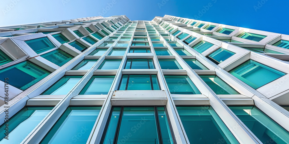 Obraz premium Modern glass building with white and green accents, showcasing polygonal architecture on blue sky background