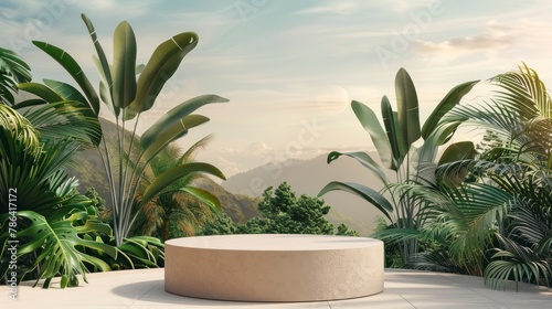 Podium for product demonstration, mesmerizing beautiful tropical landscape in the background, saturated colors, bright picture