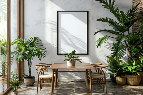 Mockup poster frame above a Dining Table in aliving roomhyperrealistic shot, modern interior scanidavian style