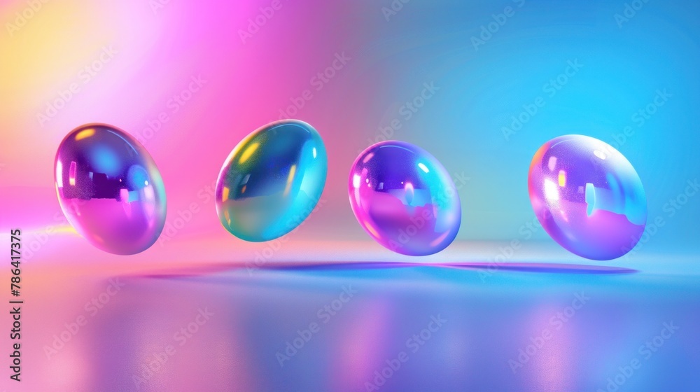 Vibrant illustration featuring metallic glossy easter eggs levitating in a gradient neon pastel light. Vibrant illustration featuring metallic glossy easter eggs levitating in a gradient neon pastel light.