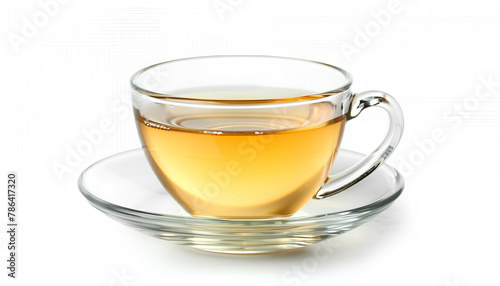 Glass cup of tasty green tea on white background