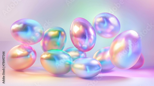 Vibrant illustration featuring metallic glossy easter eggs levitating.