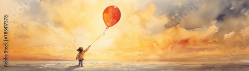 A poignant watercolor of a single balloon escaping a child's hand, soaring into a sunset sky