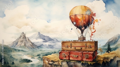 A poignant watercolor of an old-fashioned suitcase floating above a scenic countryside, suggesting travel and adventure