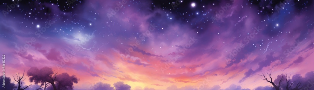 A vibrant watercolor of a cluster of stars falling like rain against a dusk-purple sky