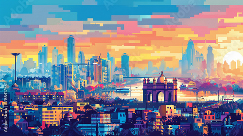 A colorful illustration of Mumbais cityscape featuring the Gateway of India