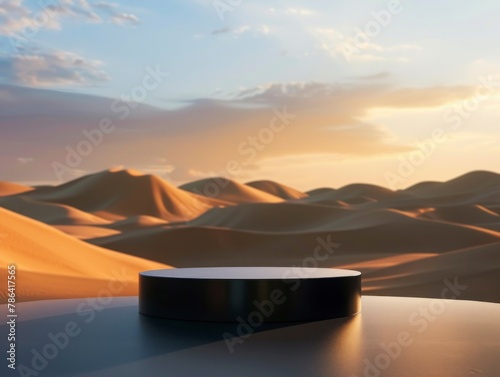 Podium for product demonstration  mesmerizing beautiful desert landscape in the background  saturated colors  bright picture